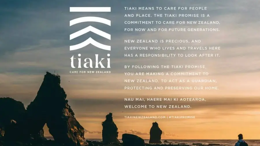 Tiaki Promise campaign artwork, a person walking along a New Zealand beach at sunset, with the Tiaki commitment text overlaid